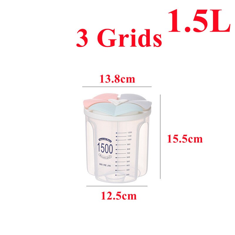 1.5/2/2.5/3L Plastic Food Storage Container with Lid Kitchen Storage Box Refrigerator Noodle Multigrain Jars Home Food Container: 3grids-1500ml
