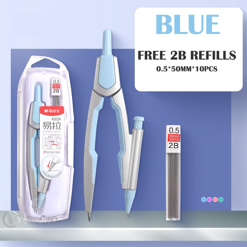 M&amp;G School Compass Colorful Stationery Student Drawing Compass with refills math set drafting Drawing Tools Geometry Set: N1382 BLUE