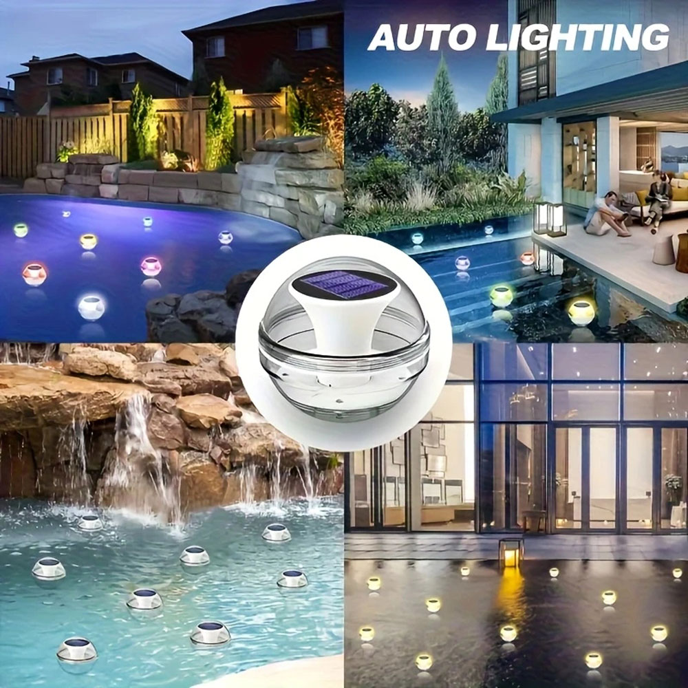 Led-solar-schwimmlampe für pools, solarbetrieben, wasserdicht, leuchtet und zeigt drei beleuchtungsmodi.