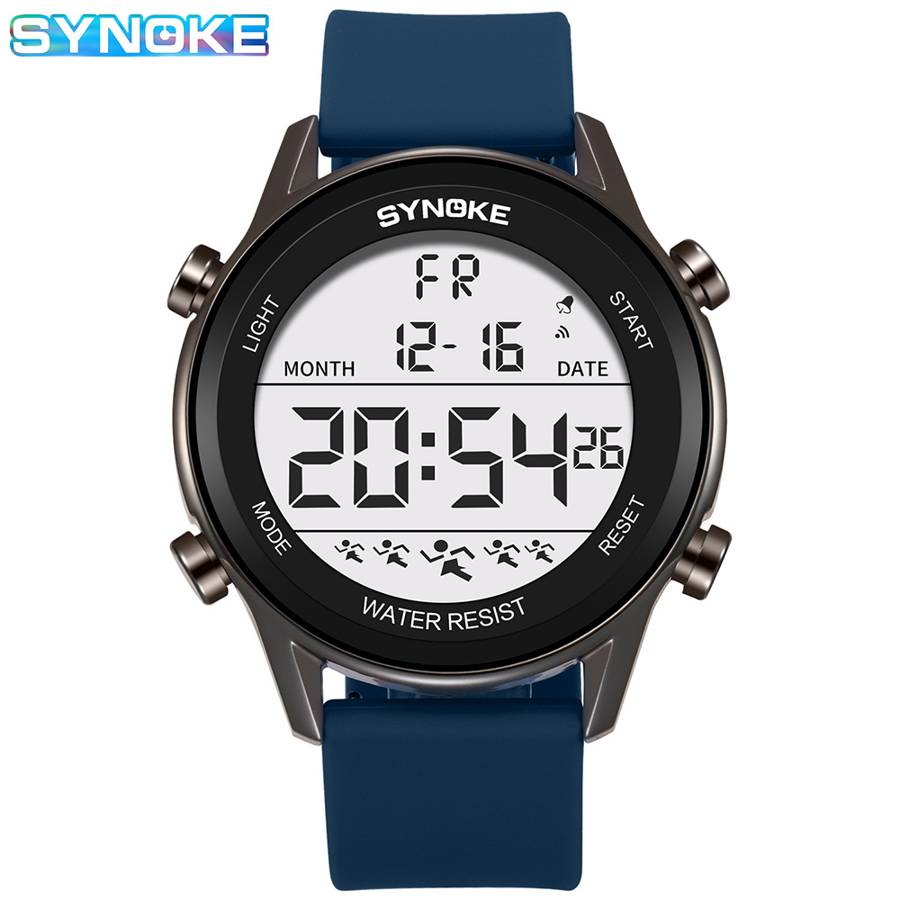 SYNOKE-Reloj de silicona para hombre, cronógrafo multifuncional, resistente al agua, pantalla grande, luminoso, LED, Digital, para deportes al aire libre