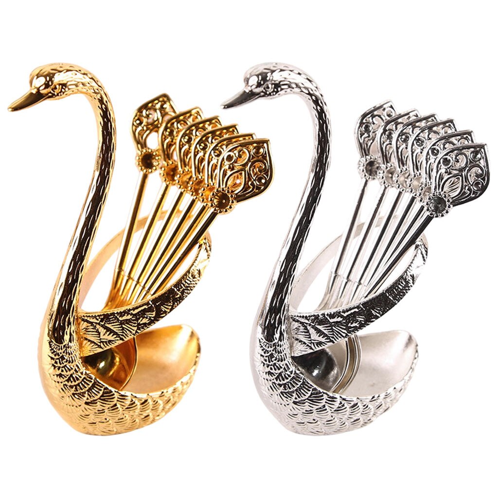 Stainless Steel Dinnerware Set Decorative Swan Base Holder with 6 Spoons for Coffee Fruit Dessert Stirring Mixing