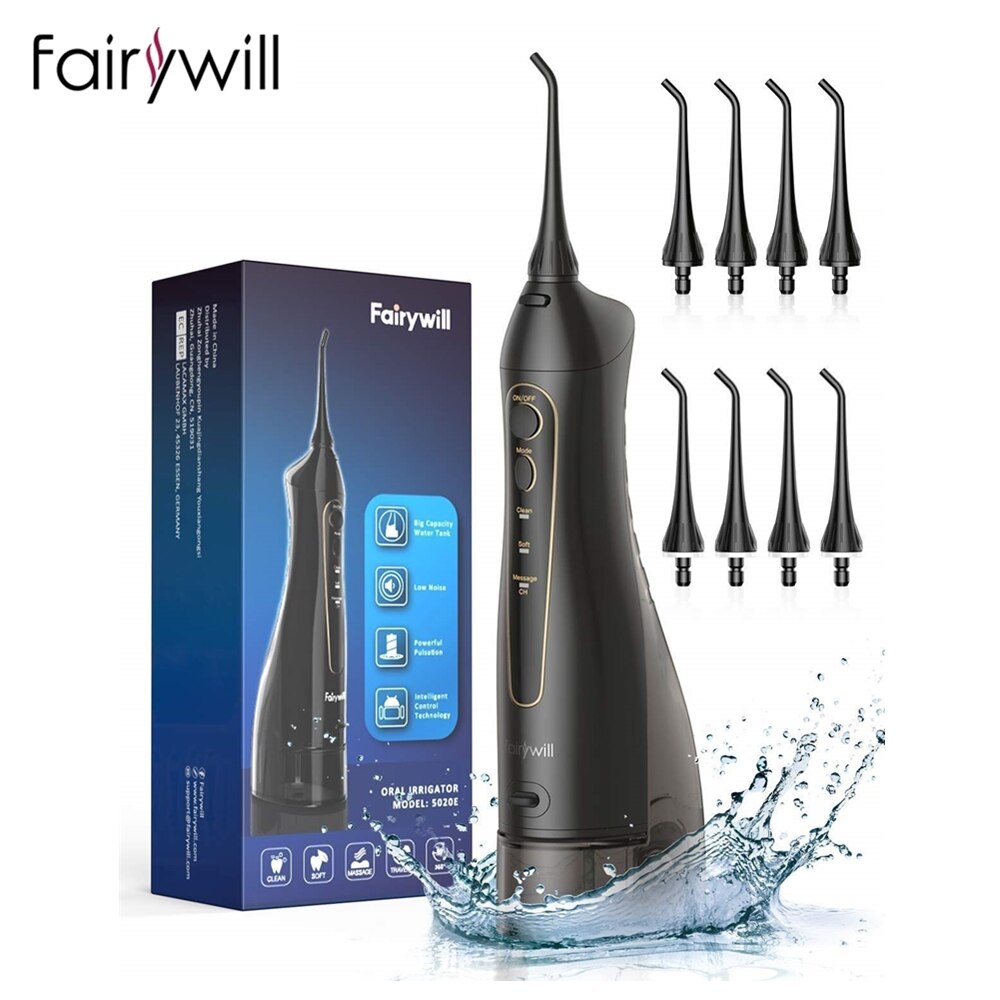 Fairywill Water Flossers szczoteczka do zębów 5020E-E11 USB akumulator przenośny IPX7 wodoodporny 3 tryby 300ML odpinany zbiornik na wodę: FW-5020E-Black