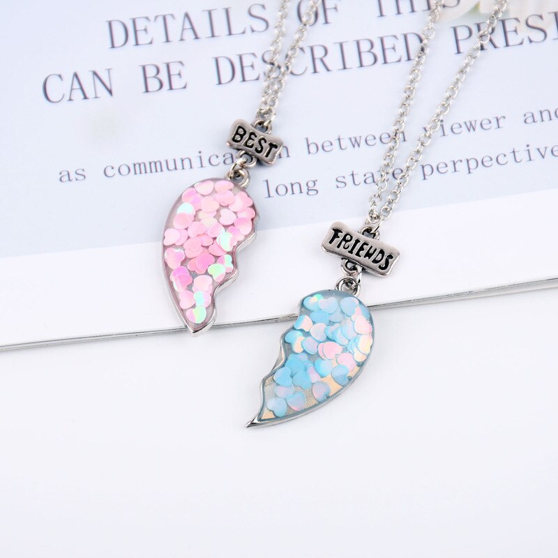 2Pcs/set Best Friends Necklaces Sequin Heart Broken Stitching Pendant Chain BFF Friendship Jewelry for Girls Women