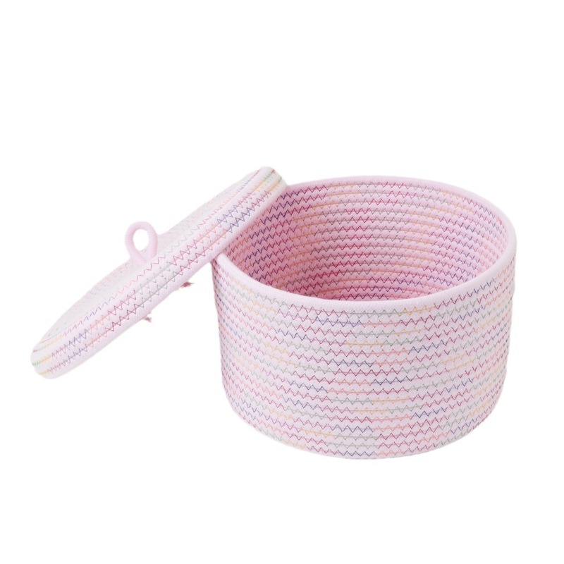 Students Cosmetics Snacks Round Cotton Rope Storage Basket Finishing Basket Storage Basket with Lid Dust-proof Storage Box