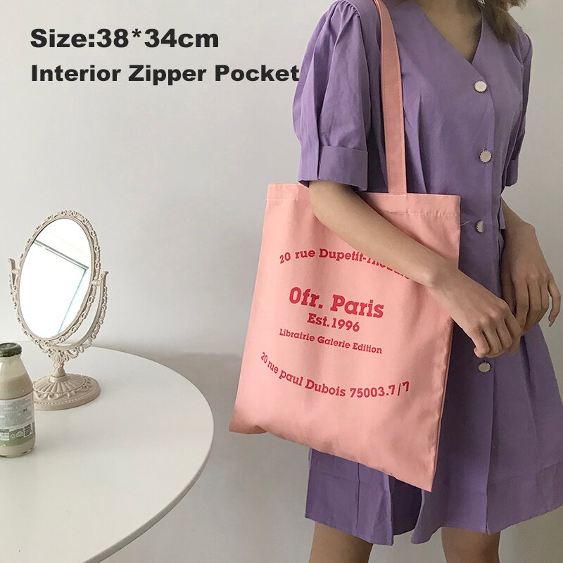 Bolsa de ombro de lona feminina paris letras impressão sacola de compras eco algodão linho shopper sacos de tecido de pano bolsa tote para meninas: Ofr Pink