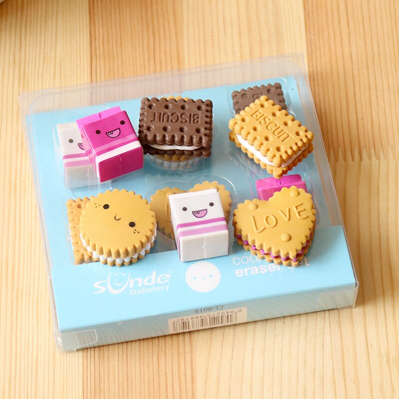 6pcs Milk Cookies Eraser Set Mini Love Biscuit Rubber Erasers for Pencil Child Kids Stationery Office School Student F389: Default Title