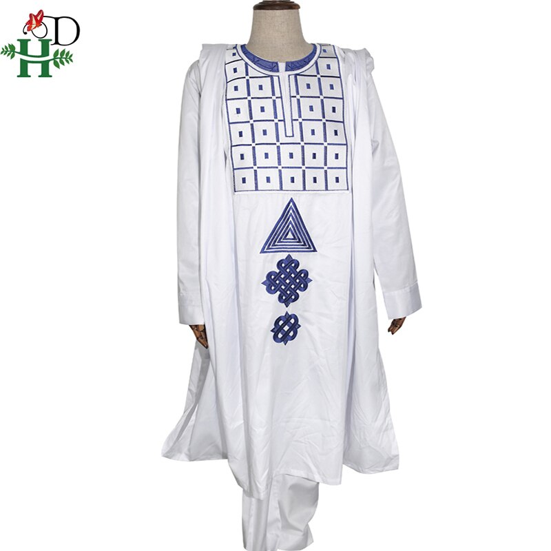 H & d agbada miehet afrikkalaiset vaatteet pitkähihaiset topit housut puku kirjonta dashiki 3 kpl setti perinteinen afrikkalainen puku
