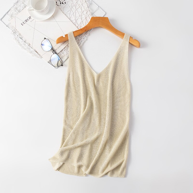 Bling Lurex diamond – débardeur tricoté sans manches pour femme, Camisole ample, couleur unie, blanc, noir, été,: Beige