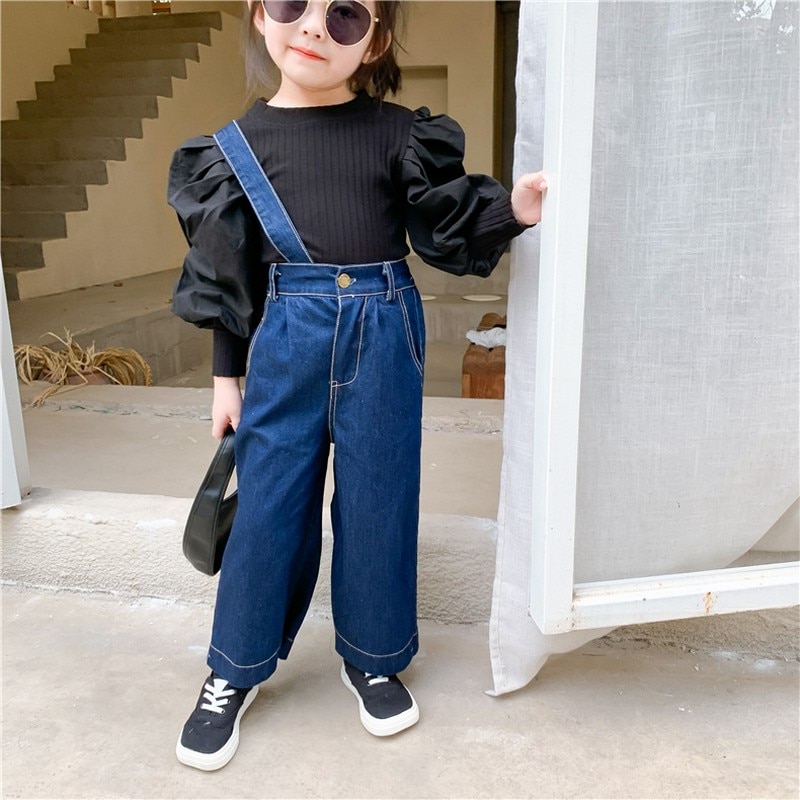 Ouder-kindkleding, moeder en kind herfst slabbetje, afneembare een-schouder slabbetje jeans