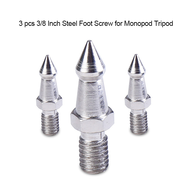 Accessories: steel foot, screw spikes, hiking stick grip, 3/8 -inch rubber feet, pads, waist bag, hanging for monopod/tripod.: 3 pcs foot screw