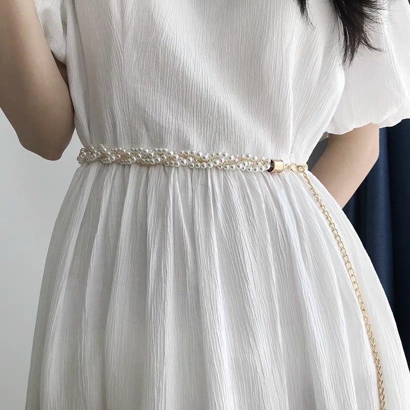 Pearl Women Chain Belt Shell Metal Lady Waist Belts Thin Slim Dress Long Waistbands Straps Banquet Wedding