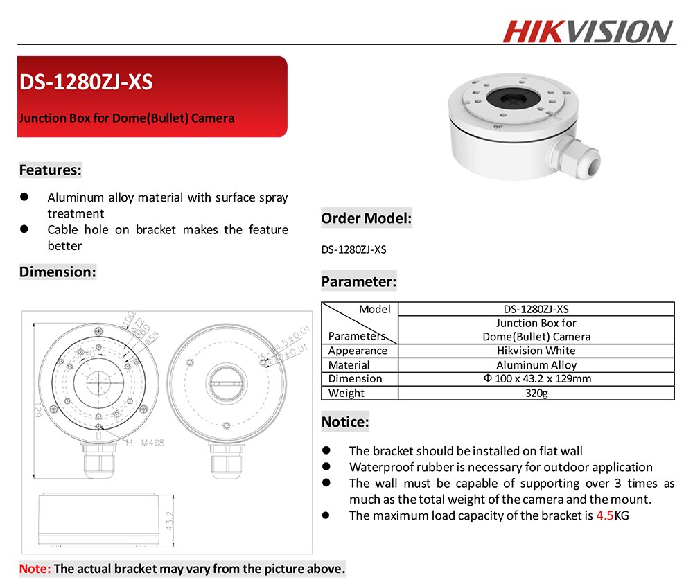 Original Hikvision Bracket DS-1280ZJ-XS Junction Box for Dome Bullet Camera DS-2CD2043G0-I DS-2CD2083G0-I DS-2CD2085G1-I ETC