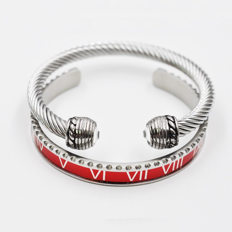 Outdoor Black Roman Numeral Bracelet Men's Cable Wire Rope Bracelet Stainless Steel Men Bangles Punk Street Jewelry Accessories: Set Silver Red