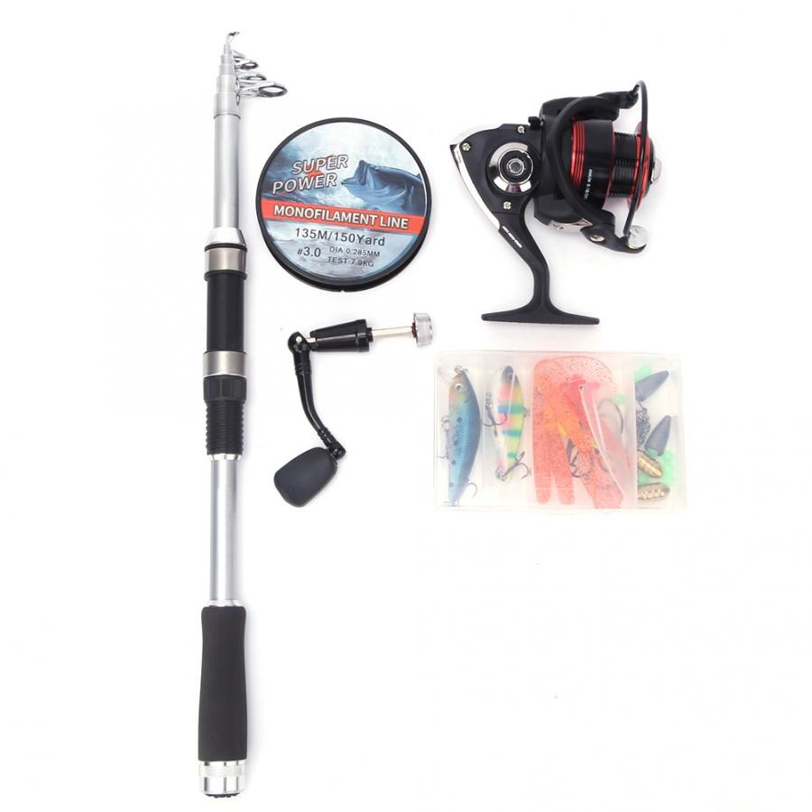 Teleskop fiskestang combo og hjul komplet sæt spinning fiskehjul gearstang sæt 135m fiskesnøre lokker kroge jig hoved