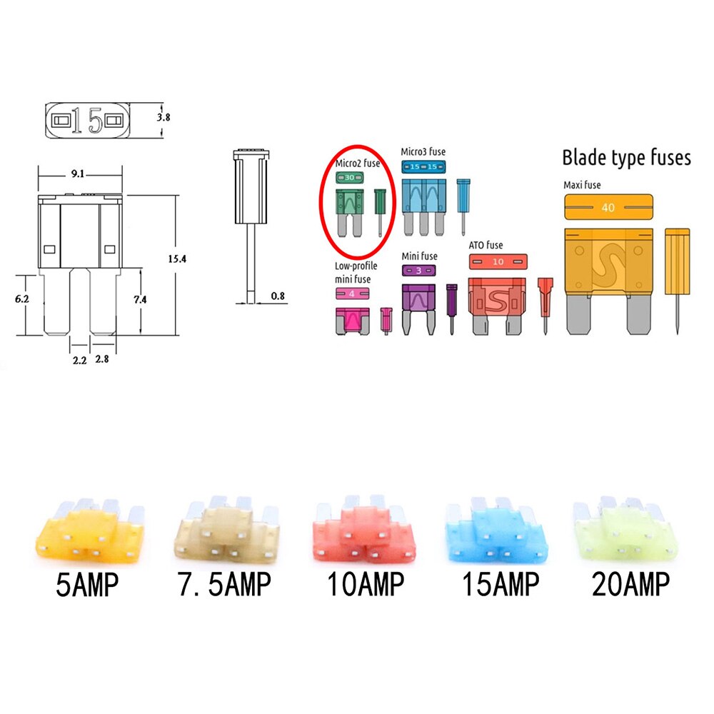 15 Pcs Micro2 ATR Automotive Fuses Assorted Car Fuse 5A 7.5A 10A 15A 20A Set for ford/fox /mondeo /Dodge/JEEP Auto parts fuses