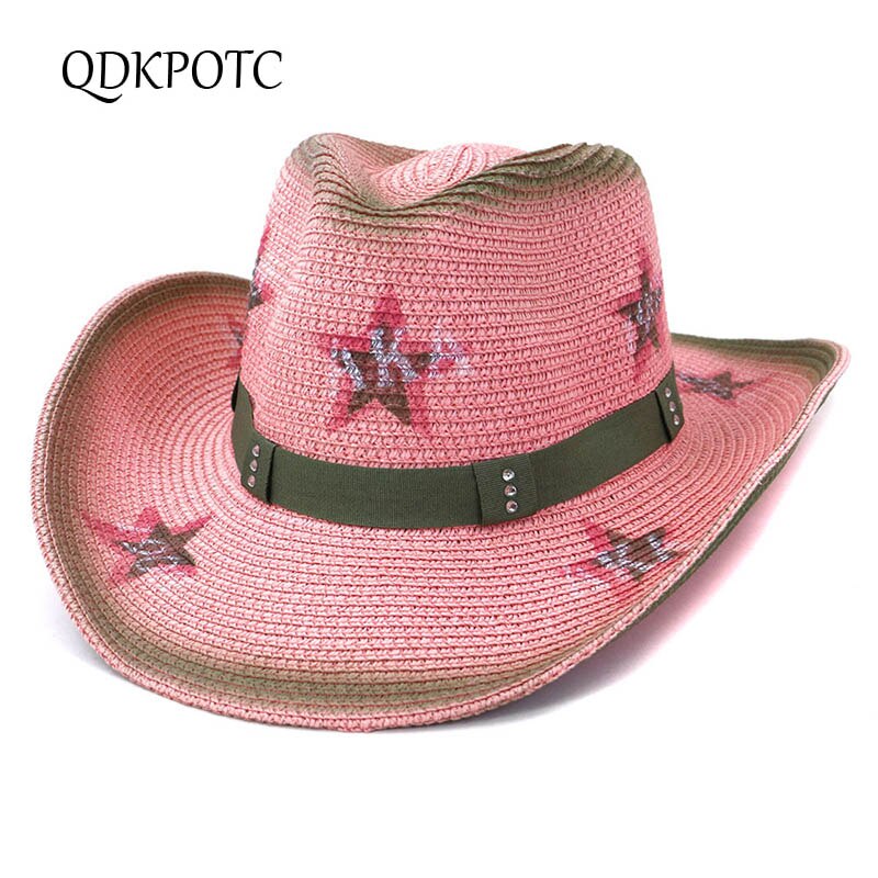 Hat Men Women National Style Western Cowboy Hats Pink Outdoor Seaside Sun Protection Shade Straw Cap QDKPOTC