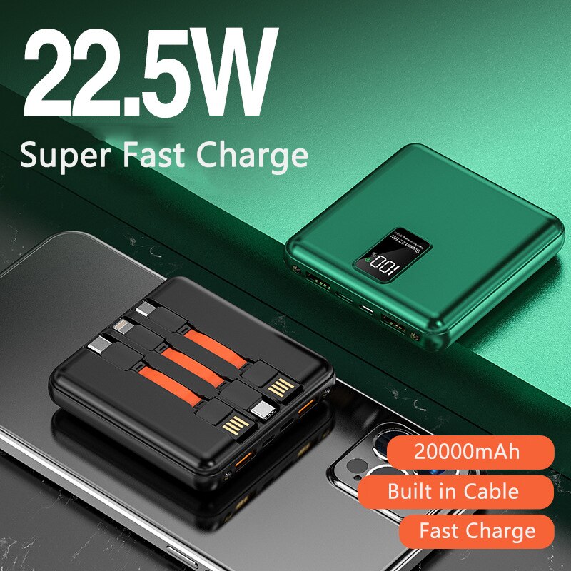20000 mah mini-powerbank 22.5w schnellladefunktion, inklusive usb-typ-c-kabel, kompatibel mit iphone, huawei, samsung und xiaomi.