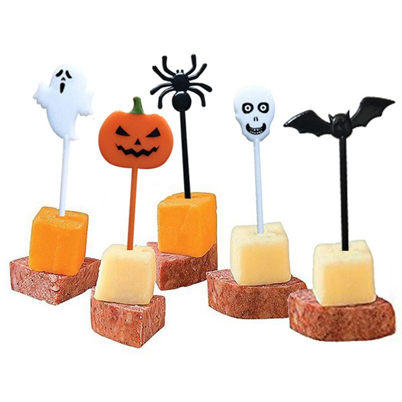 Juego de 10 unidades de comida para Halloween, fruta, tenedor de dibujos animados, pastel, palillo de dientes para postre, almuerzo, decoración de