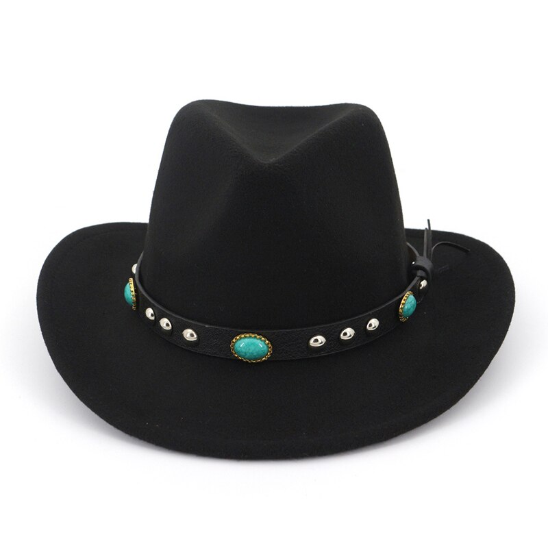 Bull rider jazz fedora solhat mænd kvinder filt hatte bånd band western cowboy hat sort 6 farver trilby bowler hat til unisex: Sort