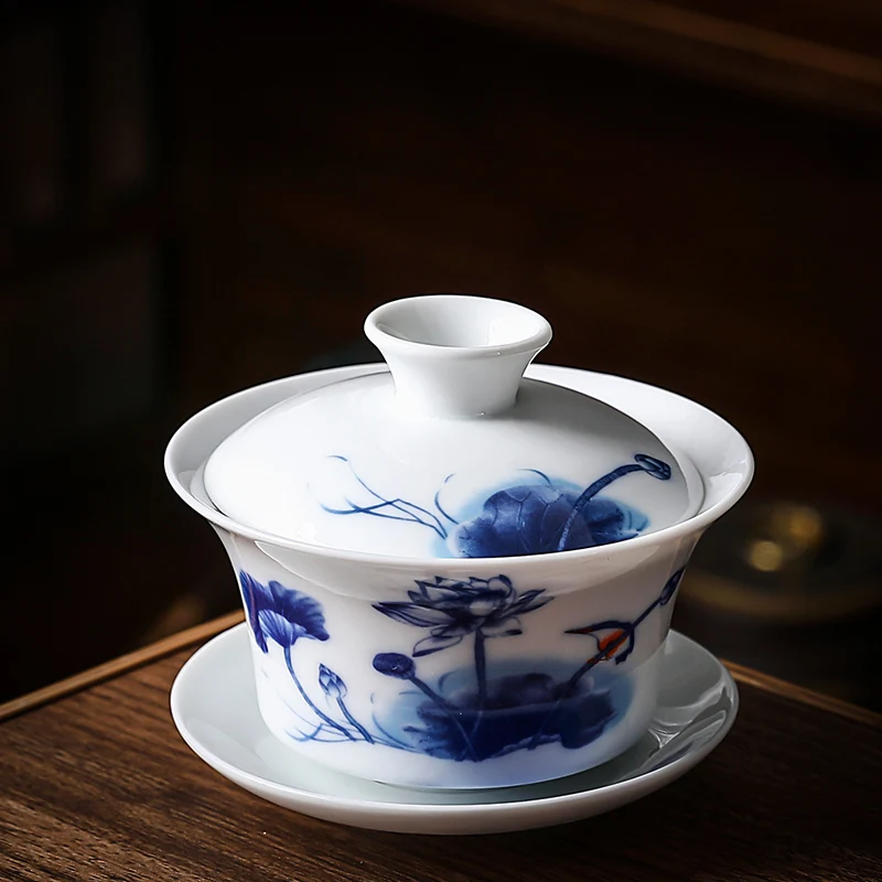 Chinese Blue and White Porcelain Gaiwan Portable Travel Tea Bowl Home Ceramic Teacup Handmade Teaware Personal Single Cup 140ml: A2