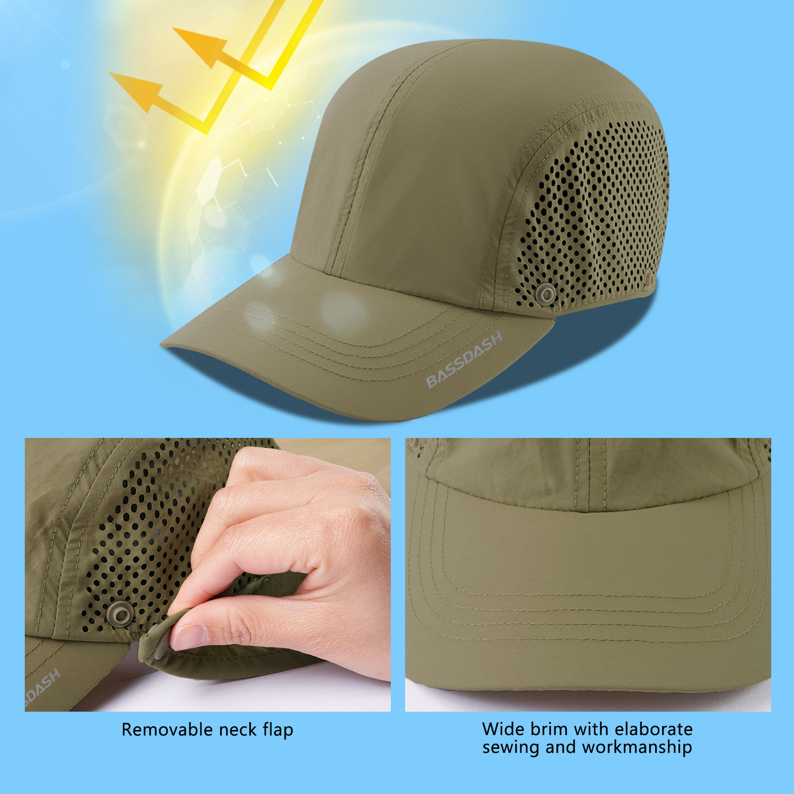 BASSDASH-Chapéu de pesca dobrável com aba removível do pescoço, portátil para homens e mulheres, golfe e caminhada, UPF 50 Plus