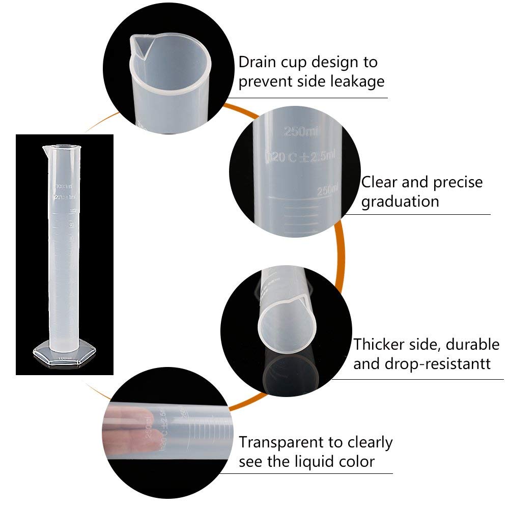 Graduerede plastikcylindre og plastbægre ,5 stk plastik graduerede cylindere 10ml 25ml 50ml 100ml 250ml og 5 stk plast b