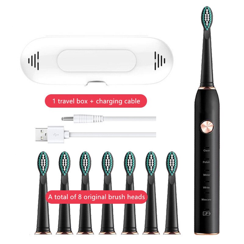 VIP Powerful Ultrasonic Sonic Electric Toothbrush USB Rechargeable Tooth Brush Adult Electronic Washable Whitening Teeth Brush: YS003-Black 8 heads