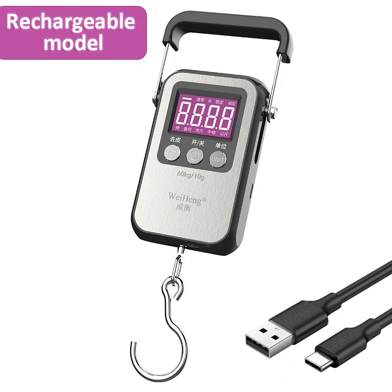 Báscula Digital con gancho para colgar, báscula portátil para equipaje con batería/carga USB, herramientas de pesaje con gancho para colgar, 60kg/10g: Oro