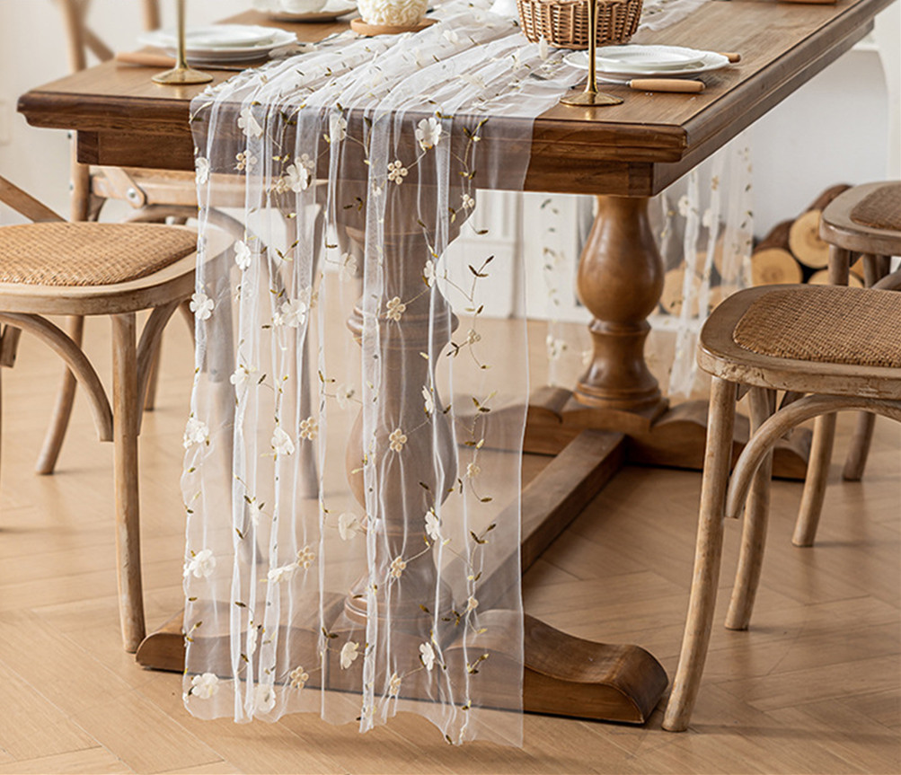 Bieżnik na stół w kwiaty, haftowana stokrotka, sezonowa dekoracja stołu, tiulowa tkanina robić dekoracji domu, niemowlę prysznic, imprez, rękodzieła DIY: 35*180 cm / Mlecznobiałe