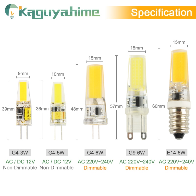 = (K) = LED COB G4 G9 E14 Dimbare Lamp AC/DC 12V 3w 5w 6W 220V LED G4 G9 Gloeilamp voor kroonluchter vervangen halogeen Lamp