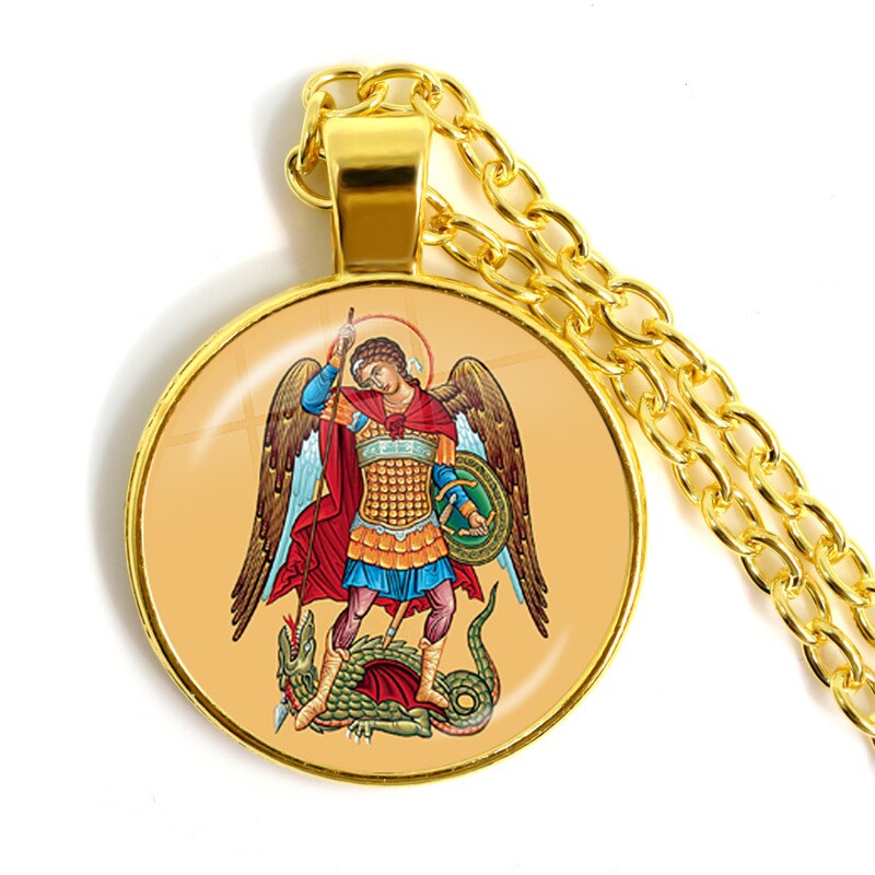 1pcs 25mm Glass Cabochon Necklace Archangel St.Michael Protect Me Saint Shield Protection Charm Russian Orhodox Pendant Jewelry