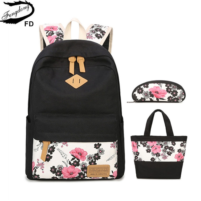 Fengdong 3 pçs/set meninas lona escola mochila crianças saco de escola conjunto flor do vintage bookbag crianças saco de comida caneta lápis presente