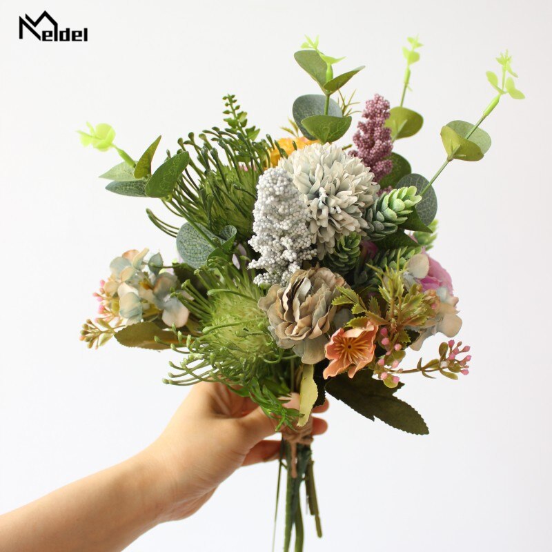 Meldel Boeket Bruid Bruiloft Bloem Boeket Kunstzijde Hortensia Lisianthus Pompon Vanille Eucalyptus Bladeren Bruiloft Bloem