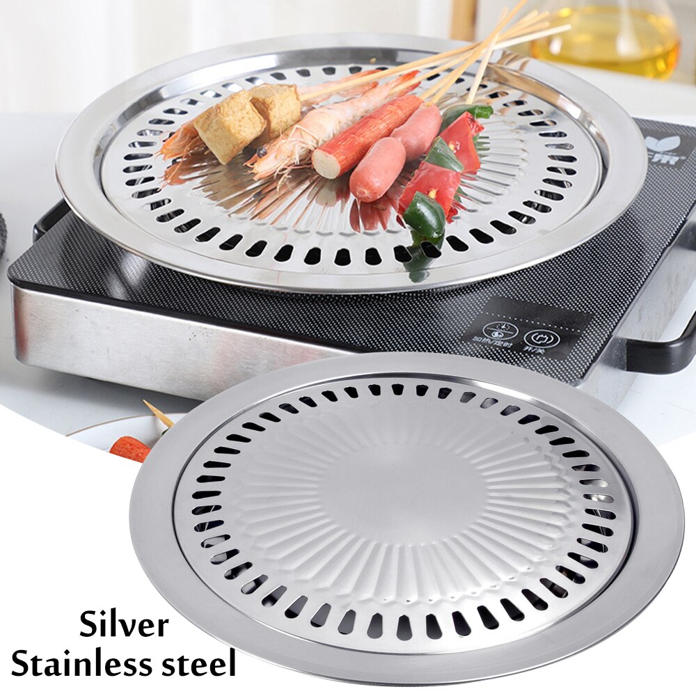 Parrillas antiadherentes coreanas para barbacoa, Cassette para horno, sartén redonda portátil antiadherente, fácil de limpiar, accesorios para exteriores, herramientas: Silver