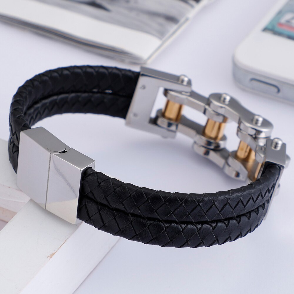 Hip-Hop Biker Sieraden Gevlochten Lederen & Goud Kleur Roestvrij Stalen Armband Mannen Motorfiets Chain Heren Armbanden