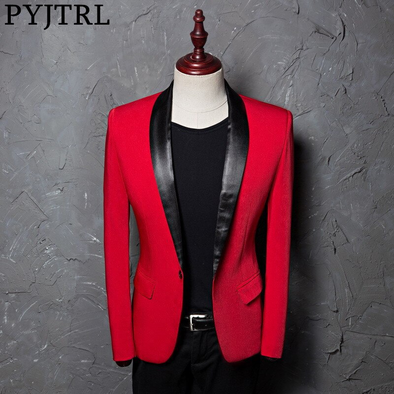 PYJTRL Men's Red Shawl Collar Single Button Suits Jacket Wedding Party Business Casual Blazer Coat Masculino Slim Fit Men: US size XL 