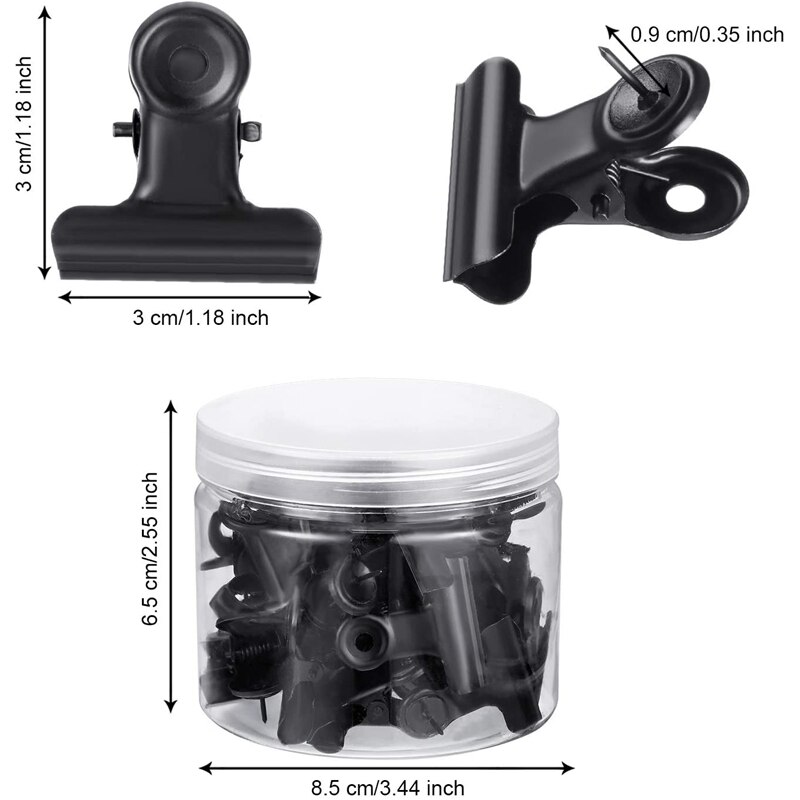 Set van 30 zwarte pushpins, clips en punaises voor schoolkunstprojecten op prikbord, foto's op prikbord