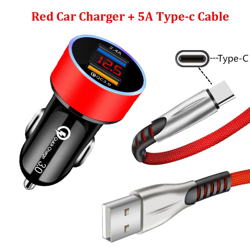 Dual USB QC 3,0 cargador de coche de aleación de Zinc trenzado tipo-c Cable para Huawei Y5P Y6P Y7P P40 Lite P Smart Honor 9S 9A 30 20 Pro: A Set of Red