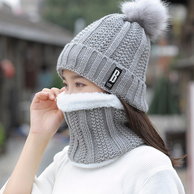 Efterår vinter kvinders hat kasketter strikket uld varmt tørklæde tyk vindtæt balaclava multifunktionelt hat tørklæde sæt til kvinder: Grå