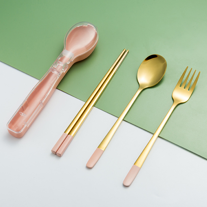 Portable Stainless Steel Cutlery Set with Storage Case Durable Fork Spoon Chopsticks for Home Office Camping HY99: Pink gold