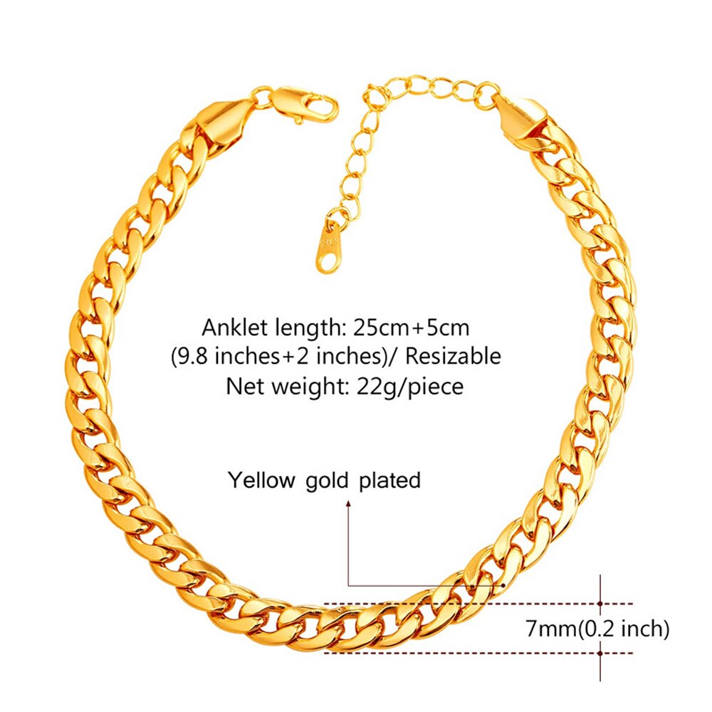 Gold Silver Plated Stainless Steel Anklet Beach Jewelry 25CM 7MM Foot Bracelet Women Cuban Leg Link Barefoot Sandals