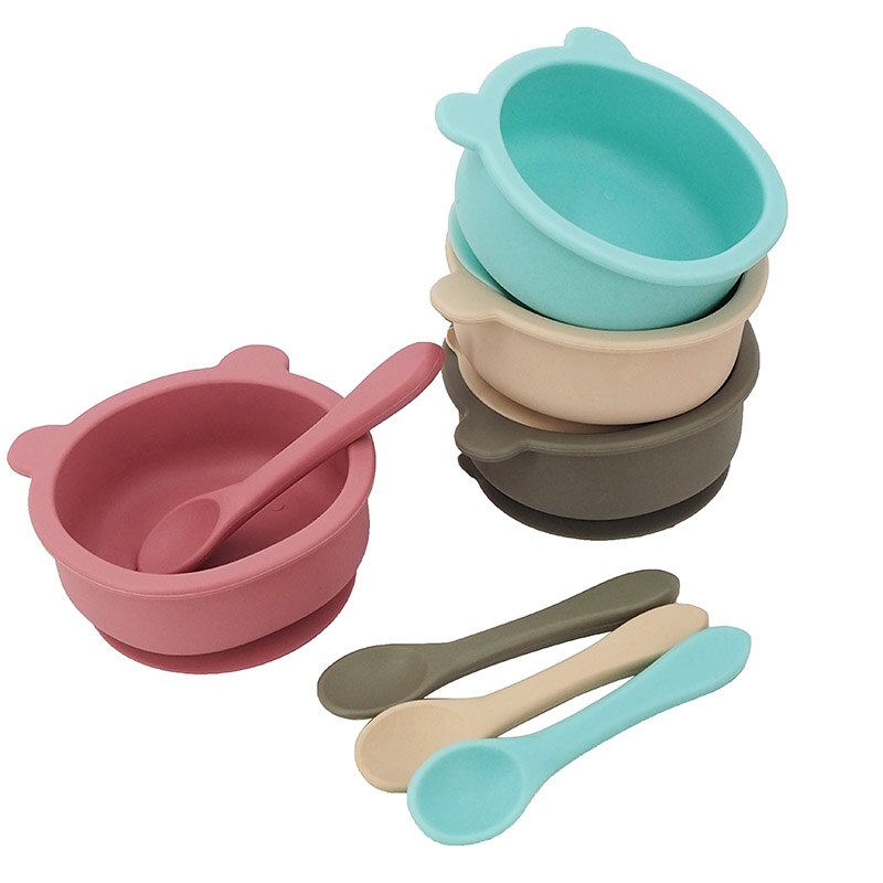 Chenkai 5Set 9 Color Baby Feeding Bowl Bear Shape Food Grade Silicone Anti-Flip Suction Tableware Infant Waterproof Bowl Spoon