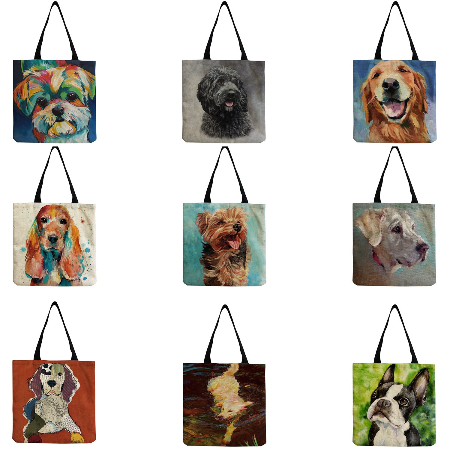 Exclusieve Olieverf Hond Print Boodschappentassen Voor Boodschappen Papillon Pug Retriever Print Vrouwen Schoudertas Handtas Grote Capaciteit