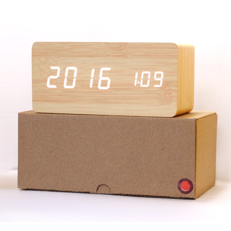 Modern Wooden Digital LED Desk Alarm Clock Thermometer Sound Control Alarm Clock With Wireless Charging