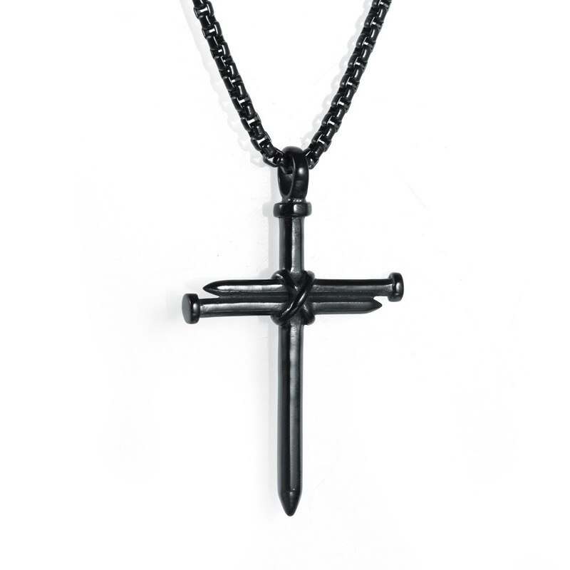 Neue Stil Edelstahl Stahlguss Nagel Kreuz Anhänger für Männer und Frauen Persönlichkeit Stahl Nagel und Seil Kreuz Halskette: Schwarz