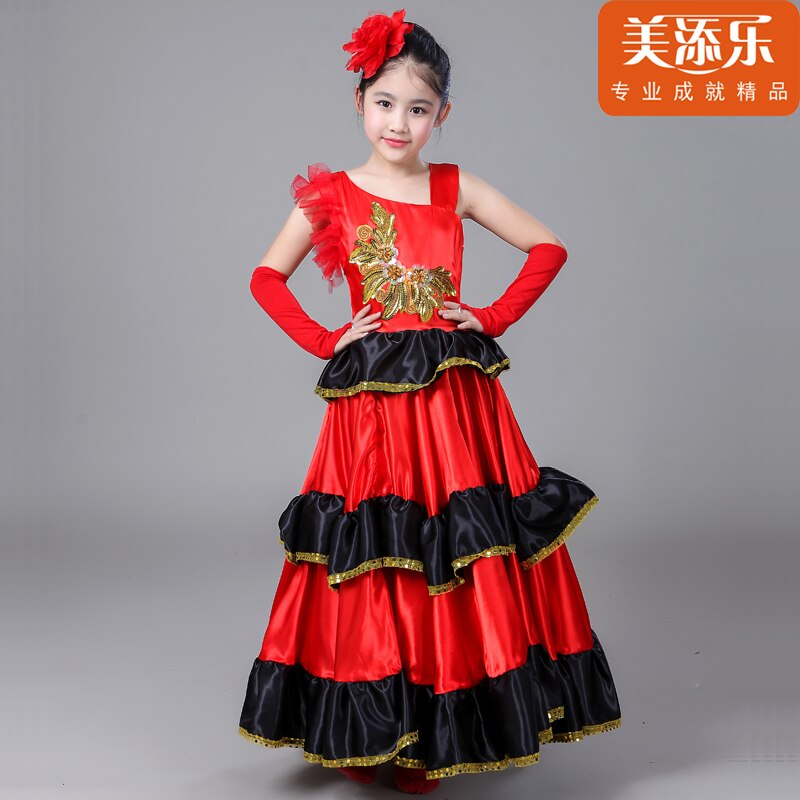 Children Spanish Bullfight Dress Flamenco Costume Princess Girls Opening Dance Full-skirt Plus Size Swing Dancing Dress H549: Red180 / XXS