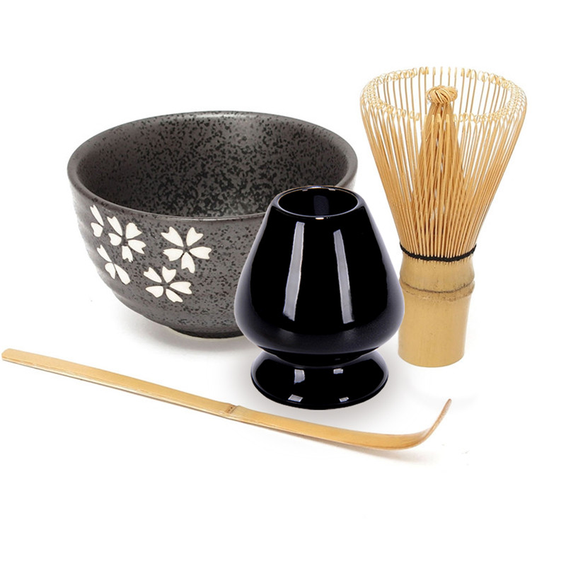 4Pcs/set Traditional Matcha Giftset Natural Bamboo Matcha Whisk Scoop Ceremic Matcha Bowl Whisk Holder Japanese Style Tea Sets: Blossom