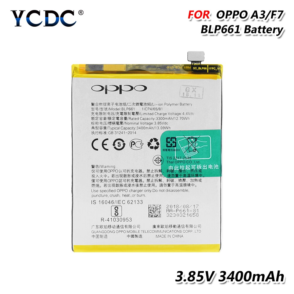 3.85V 3400mAh BLP661 Rechargeable li-ion Li-Po phone battery Lithium Battery For OPPO A3 Smart Phone High Capacity