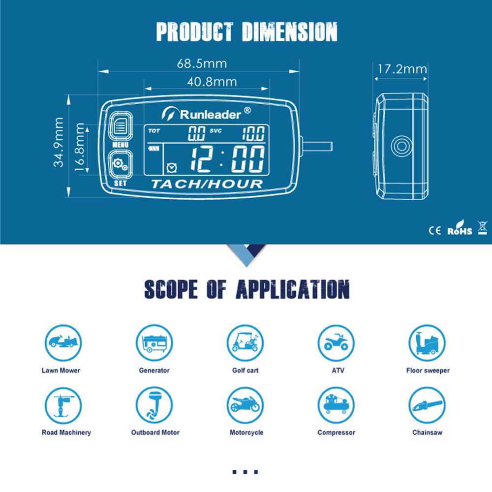 Engine Hour Meter Inductive Tachometer Gauge Alert RPM Backlit Resettable Tacho Hour Meters for Motorcycle ATV Lawn Mower