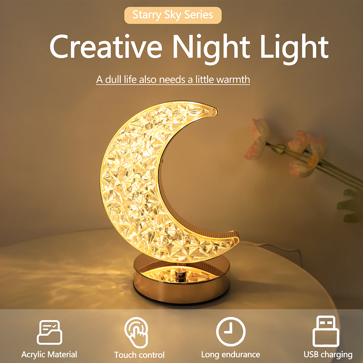 Led maankristal bureaulamp usb-opladen aanraakgevoelige driekleurige kleine nachtlamp, slaapkamer nachtlampje voor sfeerverlichting